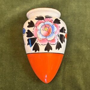 Vintage MCM Hand Painted Porcelain Wall Pocket Vase w Flower & Butterflies Japan